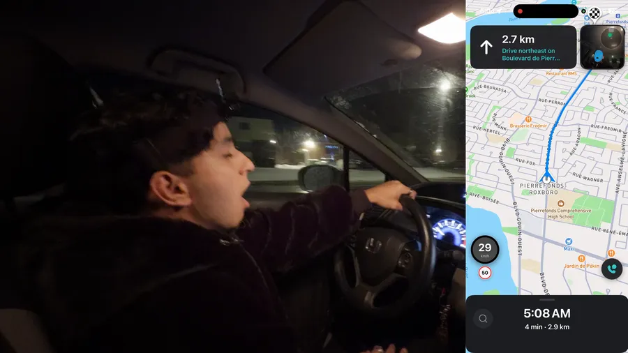 Malik yawning at the wheel at 5:08 a.m., with Pharos’s navigation view running beside him