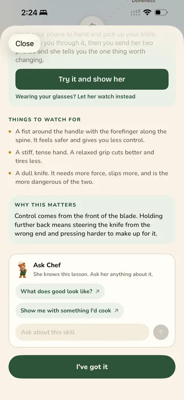 A knife-skills lesson offering to let Chef watch through your glasses