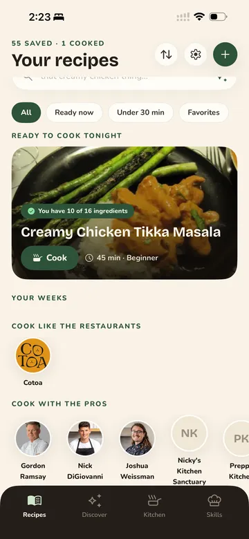 Glutt recipes tab: 55 saved recipes and a creamy chicken tikka masala ready to cook tonight