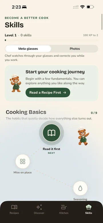 Skills tab with a toggle between Meta glasses and Photos