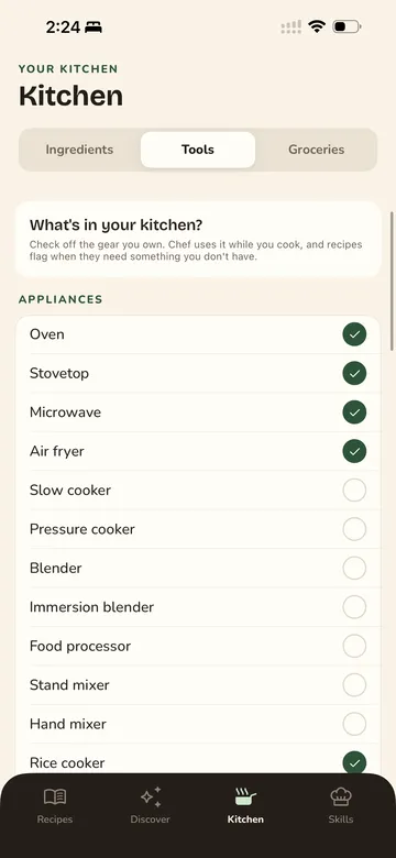 Kitchen tools checklist: oven, stovetop, microwave, air fryer checked
