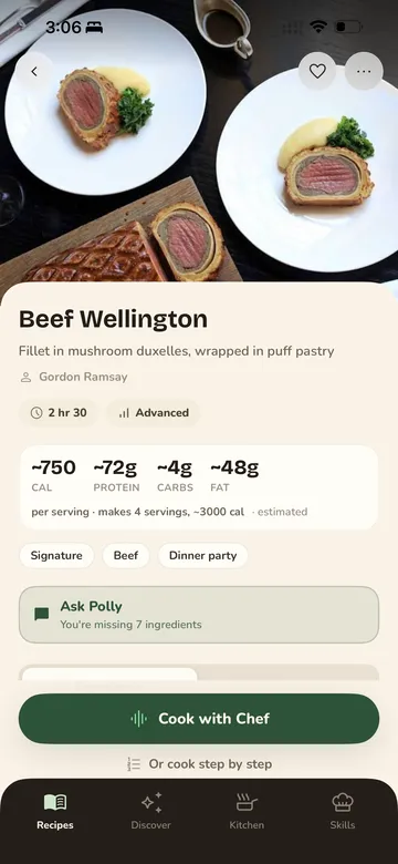 Beef Wellington recipe page with nutrition estimates and a Cook with Chef button