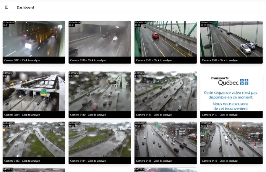Sentinel dashboard: a grid of live Québec 511 traffic camera feeds